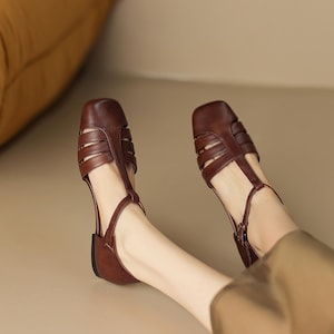 Retro Woven Brown Leather T-strap Mary Jane,Barefoot Sandals,Everyday Flats,Brown Ballet Flats,Marry Janes Shoes,Shoes,Brown Leather Shoes