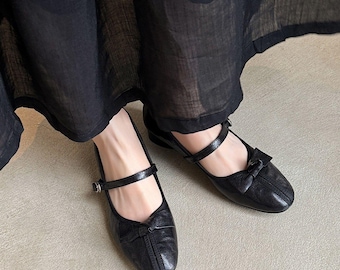 Schwarze Mary Janes handgefertigt, Knöchelriemenschuh, Geschenke für sie, Leder Mary Jane Wohnungen, elegante Schuhe für Damen Büroschuhe, Retro Bow Mary Janes