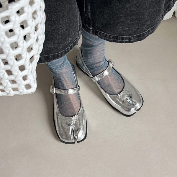 Elegant Leather Silver Tabi Mary Janes,Split Toe Shoes,Handmade Tabi Ballet Shoe,Comfortable Casual Wear Shoe,Vintage Women Mary Janes Flats