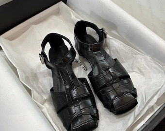 Sandalia de cuero de verano hecha a mano, zapatos planos con hebilla de moda de alta calidad, sandalia tejida a mano, zapatos de mujer, sandalias planas retro cómodas para mujer, sandalias descalzas