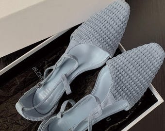 Hand-woven Blue Pointed High Heels,Blue Ballet Shoes,Shoes,Silver Shoes,Everyday Shoes,Sandals For Women,Leather Shoes Women,Women Shoes
