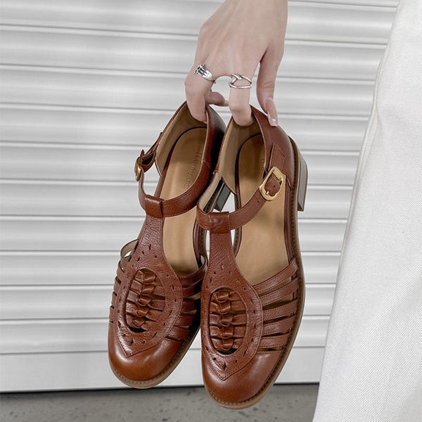 Women Brown Adjustable Strap Sandals,Hollow T Strap Leather Flat,Summer Handmade Woven Sandals,Creative Retro Style Low Heels Mary Jane Flat