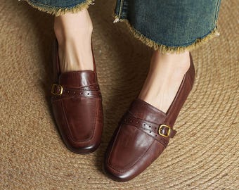 Retro Women's Brown Penny loafers,Leather Barefoot Shoes,Handmade Loafer Flats,Soft Folding Women Loafers Shoes,Office Shoes,Business Casual