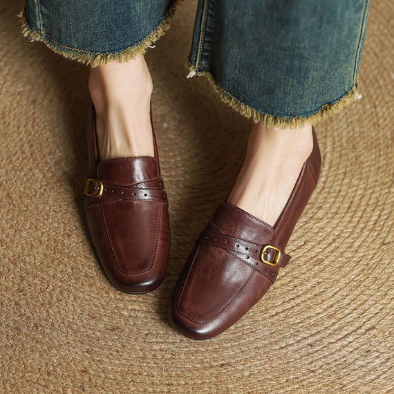 Retro Women's Brown Penny loafers,Leather Barefoot Shoes,Handmade Loafer Flats,Soft Folding Women Loafers Shoes,Office Shoes,Business Casual