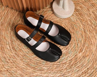 Leather Handmade Black Tabi Split Shoe,Tabi Ballet Shoe,Leather Ankle Strap Shoe,French Foldable Women's Shoes,Leather Black Tabi Mary Janes