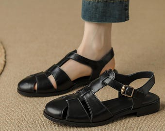 Handmade Black Leather Ballet Flats,Woman Shoes,Everyday Flats,Black Marry Janes,Flats Shoes,Summer Sandal,Minimalist Sandals,Roman Shoes