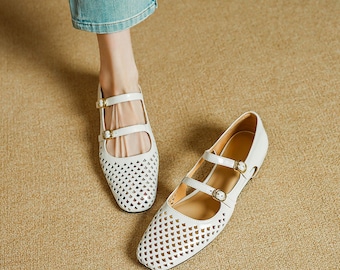 White Hollow Out Summer Women's Sandals,Sandal,Mary Jane Flats,Leather Handmade Low Heel Shoes,Buckle Women Sandals,Women’s Elegant Footwear