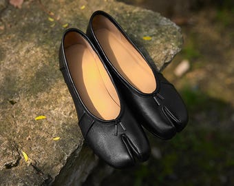 Zapatos Tabi vintage de cuero negro para mujer, zapatos Tabi negros clásicos, bailarinas con puntera dividida, zapatos Tabi suaves, bailarinas Tabi, zapatos Mary Jane Tabi