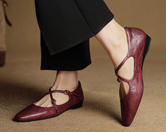 Low Heel Red Retro Mary Jane,Soft and Comfortable Flat,Leather Cross Straps Buckle Mary Jane,Elegant Mary Jane Shoe,Handmade Red Ballet Shoe