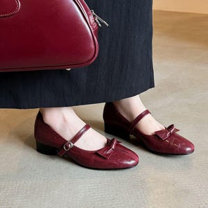 Retro Red Mary Janes Handmade,Red Bow Mary Janes,Leather Mary Jane Flats,Ankle Strap Shoe,Gift For Her,Vintage Shoe For Womens Wedding Shoes