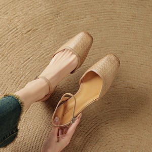 Summer Leather Beige Handmade Flats,Elegant Women Sandal,Fashion Closed Toe Flat,Woven styles Shoe,Shoes for Everyday,Buckle Slingbacks Shoe