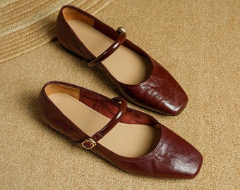 Women Classic Red Leather Mary Jane,Handmade Vintage Shoe,Women Everyday Buckle Mary Janes,Red Retro Mary Jane Flats,Casual Comfortable Shoe