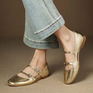 High-end Gold Leather Double Strap Marry Janes Shoes,Woman Shoes,Summer Shoes,Handmade Shoes,Gold Marry Janes,Gold Leather Sandals For Women