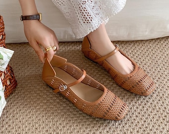 Sandalia de cuero para mujer, zapatos planos blancos y marrones, sandalias con hebilla, sandalias huarache, sandalias tejidas a mano, zapatos de verano, estilo minimalista plano, zapatos planos Mary Jane