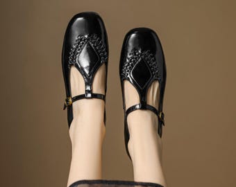 Handgewebte schwarze T-Riemen Leder Mary Janes, hübsche Ballettschuhe mit niedrigem Absatz, kleidsame Schuhe für Frauen, alltäglichen Vintage Mary Jane, klassischer schwarzer Schuh