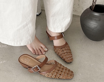 Summer Khaki Handwoven Sandal,Pointed Toe Flats with Leather,Women Buckle Shoes,Comfortable Slingbacks Flats,Women Flat Slip Ons,Women Flats