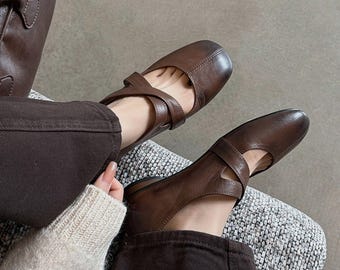 Damen Retro handgefertigte Leder Mary Jane, Retro-Stil Ballettschuhe, elegante Damenschuhe, alltägliche Vintage Mary Janes, tägliche Kreuzriemenschuhe