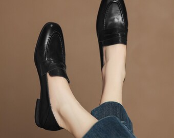 Black Loafers With Square Closed Toe, Handmade Softback Slip  display picture 3