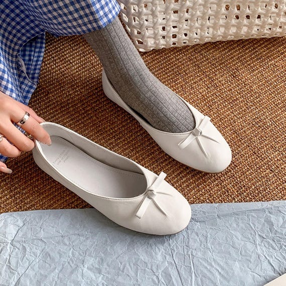 Bailarinas de piel con lazo blanco hechas a mano, zapatos de mujer