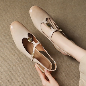 Women&#39;s Retro Beige T-straps Leather Mary Janes,Summer Open-Back Sandals,Handmade Elegant Shoe,Vintage Style Everyday Mary Janes with Buckle