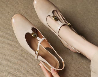 Women's Retro Beige T-straps Leather Mary Janes,Summer Open-Back Sandals,Handmade Elegant Shoe,Vintage Style Everyday Mary Janes with Buckle