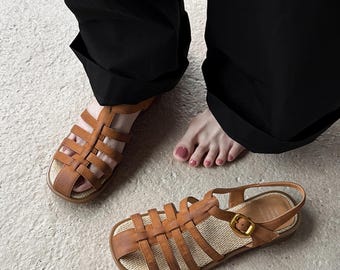 Vintage Brown Woven Leather Flats,Roman Woman Shoes,Simple Strap Sandal,Summer Shoes,Handmade Shoes,Brown Shoes,Brown Fishnet Flats,Shoes