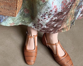 Women’s Summer Brown Handmade Flats,Hollow Out Woven Sandals,White Pink Almond Toe Flats,Leather Low Heel Shoes,Women Buckle Elegant Sandals