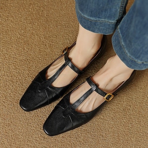 Leather Retro Black Mary Jane,Black T-straps Buckle Flats,casual Mary Jane,Elegant Handmade Shoe,Vintage Black Ballet,Women Comfortable Shoe