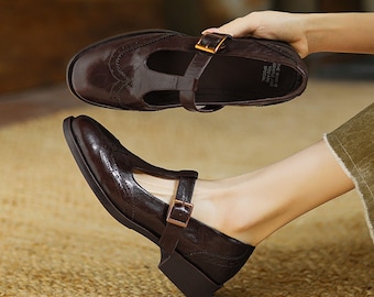 Retro Style Brown Leather Mary Jane,Handmade Vintage Mary Jane,Brown Flat Shoes,Round Toe T-strap Shoes,Black Mary Janes,Everyday Mary Janes