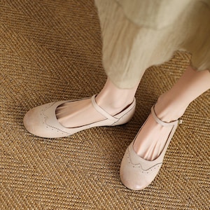Handgewebte Beige Leder Mary Janes, kleidsame Schuhe für Frauen, Vintage Mary Jane für jeden Tag, süße Frauen Low Heels Ballettschuh, Original Lederschuhe