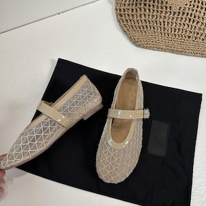 Women’s Beige Summer Mesh Ballet Flats,Fishnet Mary Jane Shoe with Leather,Women Sandal With Buckle,Cut-Out Fishnet Footwear,Sheer Mesh Flat