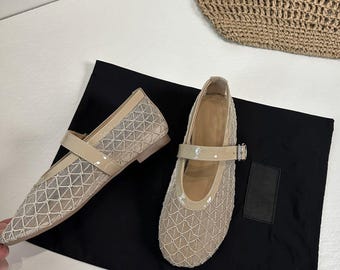 Women’s Beige Summer Mesh Ballet Flats,Fishnet Mary Jane Shoe with Leather,Women Sandal With Buckle,Cut-Out Fishnet Footwear,Sheer Mesh Flat