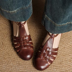 Handmade Woven Brown Leather T-strap Mary Jane,Everyday Flats,Brown Ballet Flats,Marry Janes Shoes,Shoes,Leather Shoes Women,Brown Shoes