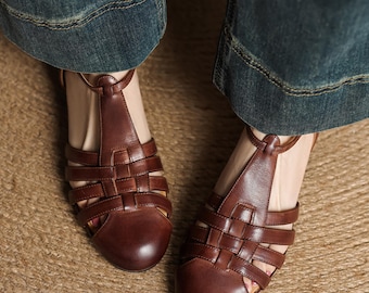 Handmade Woven Brown Leather T-strap Mary Jane,Everyday Flats,Brown Ballet Flats,Marry Janes Shoes,Shoes,Leather Shoes Women,Brown Shoes