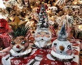 Christmas Tree Hat Heads Set Primitive Folk Art Home Decor Santa Rudolph Snowman