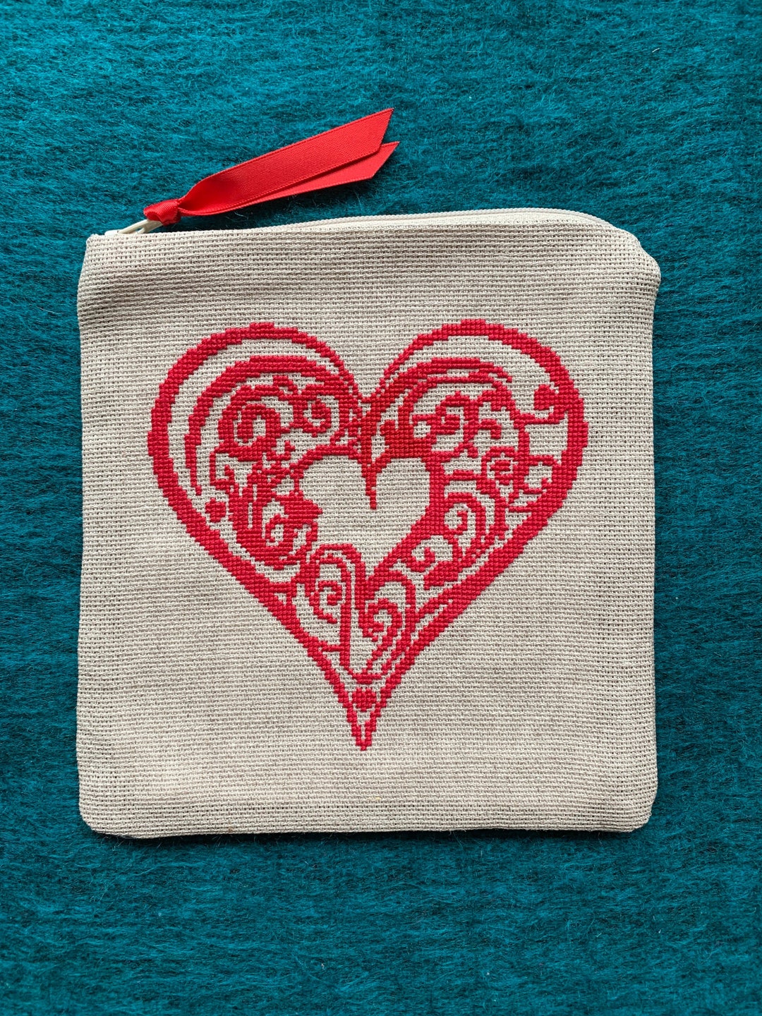 Handmade Pouch / Clutch / Wallet With a Red Heart, With Zipper - Cross ...
