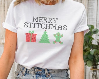Merry Stitchmas Tshirt; Christmas Cross Stitch Tee; Cross Stitch Gift; Christmas Shirt