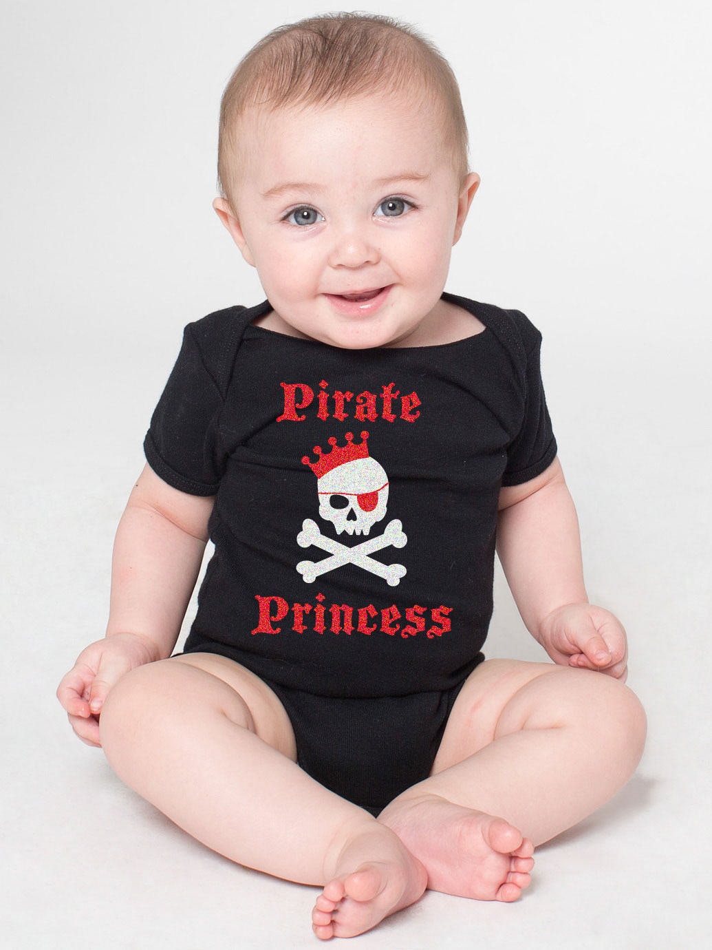 This Glitter Pirate Princess baby bodysuit makes a perfect baby gift! Customize for the perfect baby shower gift!