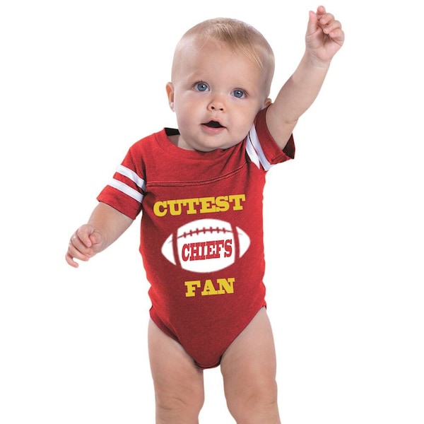 Cutest CHIEFS Fan! A custom red and white football jersey baby bodysuit makes a perfect baby gift! Add a name and number!