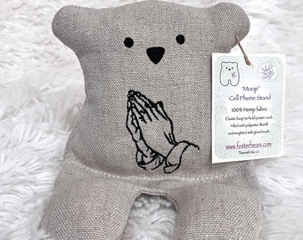 Cell Phone Stand, Praying Hands, Embroidered Teddy Bear, Phone Pillow, Bear Phone Stand, Fabric Phone Stand, Hemp Bear, Moop