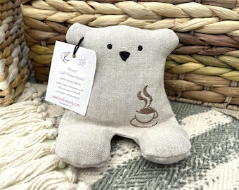 Cell Phone Stand, Coffee, Coffee Cup, Embroidered Teddy Bear, Phone Pillow, Bear Phone Stand, Fabric Phone Stand, Hemp Bear, Moop