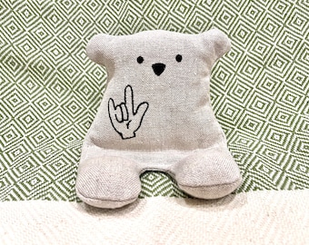 Cell Phone Stand, ASL, I Love You, Embroidered Teddy Bear, Phone Pillow, Bear Phone Stand, Fabric Phone Stand, Hemp Bear, Moop, Deaf