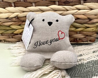 Cell Phone Stand, I Love You, Embroidered Teddy Bear, Phone Pillow, Bear Phone Stand, Fabric Phone Stand, Hemp Bear, Moop