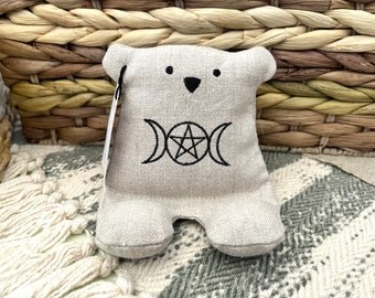 Cell Phone Stand, Moon Goddess, Moon and Stars, Embroidered Teddy Bear, Phone Pillow, Bear Phone Stand, Fabric Phone Stand, Hemp Bear, Moop