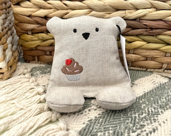 Cell Phone Stand, Cupcake, Embroidered Teddy Bear, Phone Pillow, Bear Phone Stand, Fabric Phone Stand, Hemp Bear, Moop