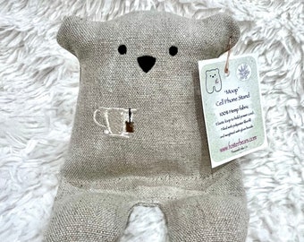 Cell Phone Stand, teacup, Embroidered Teddy Bear, Phone Pillow, Bear Phone Stand, Fabric Phone Stand, Hemp Bear, Moop