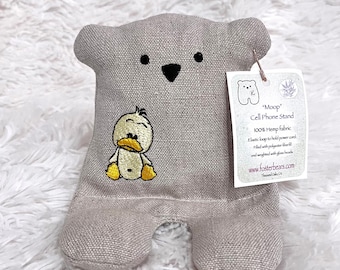 Cell Phone Stand, Duck, Embroidered Teddy Bear, Phone Pillow, Bear Phone Stand, Fabric Phone Stand, Hemp Bear, Moop