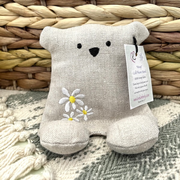 Cell Phone Stand, Daisies, Embroidered Teddy Bear, Phone Pillow, Bear Phone Stand, Fabric Phone Stand, Hemp Bear, Moop
