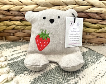 Cell Phone Stand, Strawberry, Embroidered Teddy Bear, Phone Pillow, Bear Phone Stand, Fabric Phone Stand, Hemp Bear, Moop