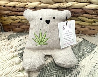 Cell Phone Stand, Hemp Leaf, Pot Leaf, Embroidered Teddy Bear, Phone Pillow, Bear Phone Stand, Fabric Phone Stand, Hemp Fabric, Moop